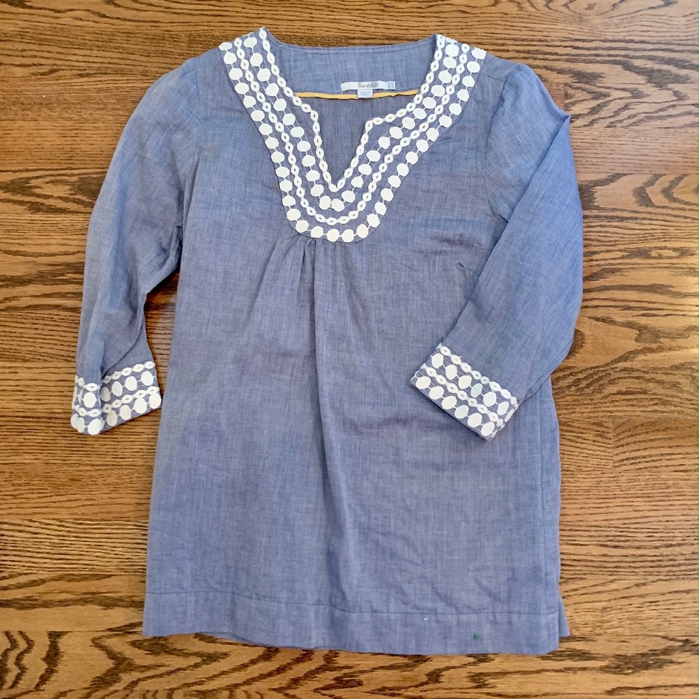 Boden 3/4 Sleeve Blue Embroidered Chambray Tunic Shirt US10